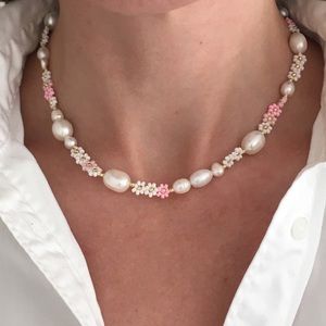 Pastel Pink White Elegant Princess Beads Floral Sakura Choker Necklace Jewelry